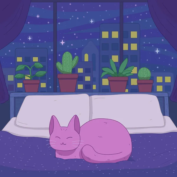 A purple cat curled up on a bed under a big window lined with cacti and houseplants, an indigo city skyline and stars outside