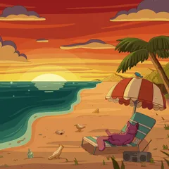 A purple cat lounging on a striped beach chair under an umbrella with a boombox, the sun setting over the sea, a palm tree and seagulls